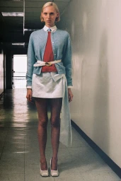 Model Delilah Koch in a light blue cardigan, red knit vest, and white mini skirt standing in a tiled hallway for Sandy Liang.