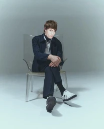 Model seated on a transparent acrylic chair wearing a dark jacket and white sneakers against a grey background.