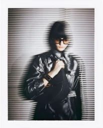 Model in a shiny grey coat wearing sunglasses and holding a black handbag against a slatted blind backdrop.