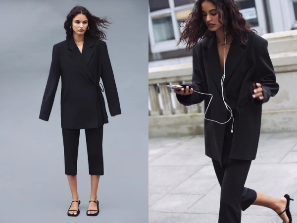 Two images of a woman in a black blazer and pants: one static pose against gray, one in motion outdoors with phone and headphones.
