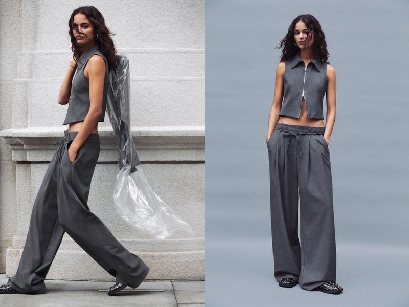 A fashionable adult female model poses in gray coordinated sleeveless top and palazzo pants, one image shows her walking outside and another in a studio.