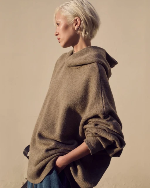 Woman in oversized hoodie poses in a medium shot. Neutral background, soft lighting. Fashion, lifestyle photography.