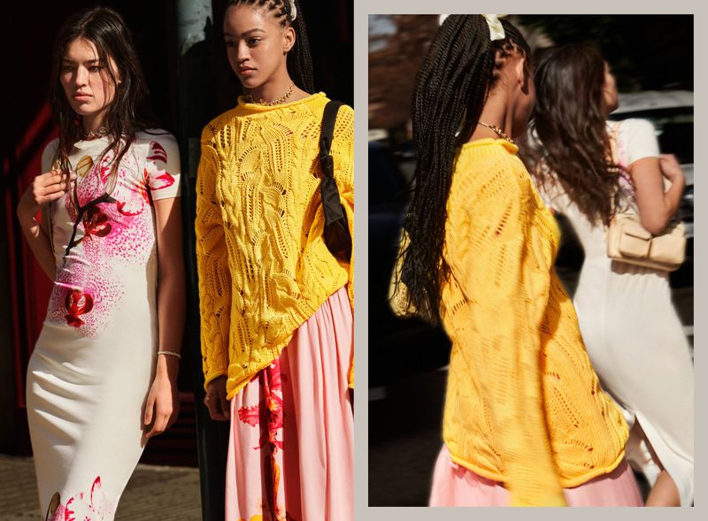 Two women model dresses: one wears a floral-print midi dress, the other a yellow knit sweater with long skirt, photographed outdoors.