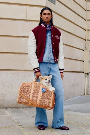 Adult male in a denim outfit carries a light brown woven bag with a Corgi puppy, posing outdoors against a neutral building facade.