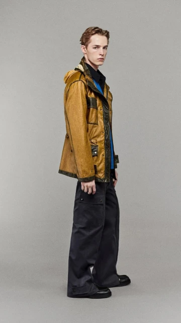 Male fashion model poses in a hooded jacket and black cargo pants against a neutral background in a studio shot. Side view.