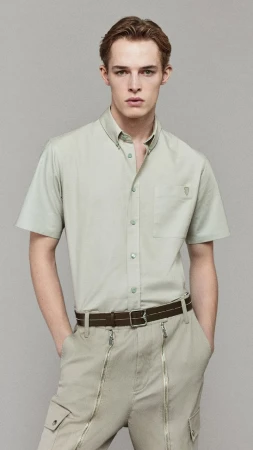 A young adult man stands in a medium shot in a light-green, short-sleeved button shirt with light khaki pants and a brown belt in a studio setting.
