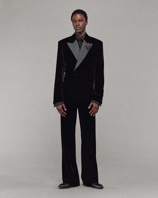 An adult male model stands in a black velvet double-breasted suit with wide-legged pants, accessorized with a lapel pin on a grey background.