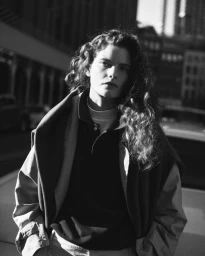 Monochrome portrait of a model with long curly hair wearing a collared shirt outdoors.