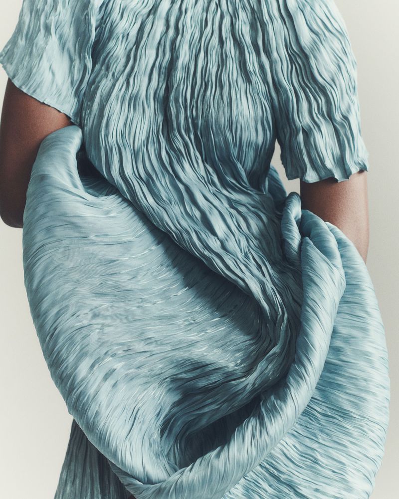 Woman in a light blue pleated dress, partially visible from the back, with the dress fabric draped over her arms, against a light background.