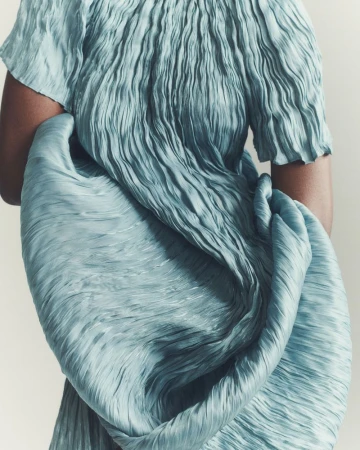 Woman in a light blue pleated dress, partially visible from the back, with the dress fabric draped over her arms, against a light background.