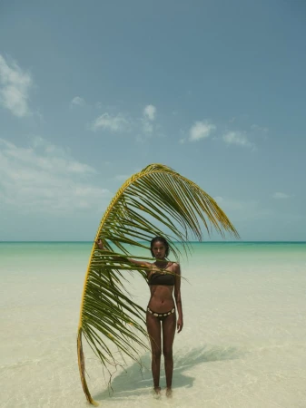 An adult woman stands in shallow sea water on a sunny day, holding a large palm frond to her right, with the ocean and sky behind her.