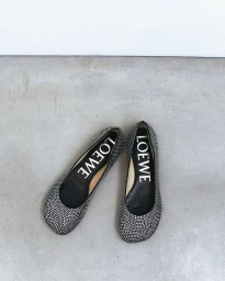 Pair of embellished crystal flats featuring prominent Loewe branding on the insole resting on a concrete surface