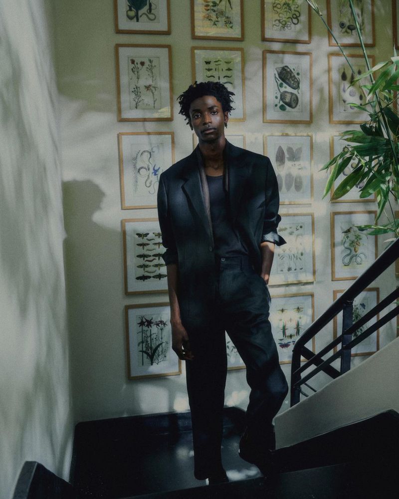 A young adult Black male is posing on stairs in a dark suit with botanical art prints on the wall in the background, shot with natural light.