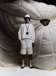 Model wearing a white bucket hat, sweatshirt, and shorts standing against a large white quilted fabric installation
