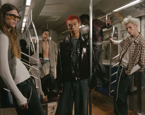 Group of five young adult fashion models in casual outfits pose inside a subway car interior with graffiti and muted colors.