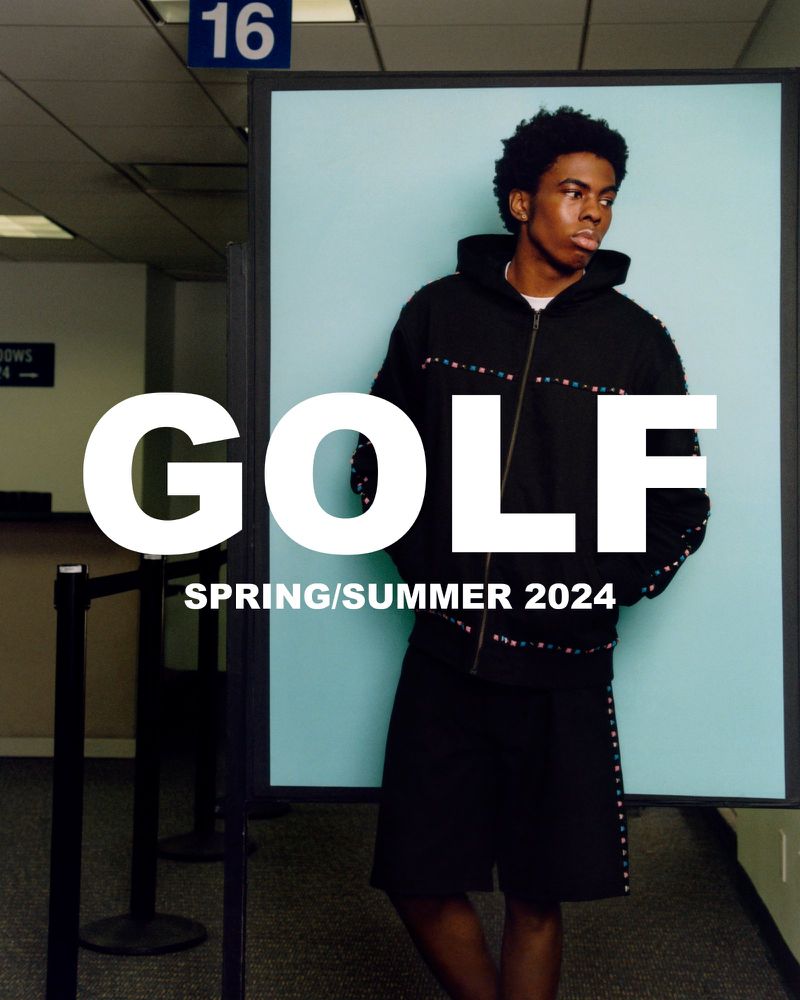 An African American man models a black hoodie and shorts in a stylized fashion photo with overlaid 'GOLF' text for a spring/summer ad.