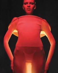 Model wearing a sculptural red illuminated garment against a dark background for Mugler Fall/Winter 2024.