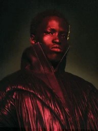 Model Mamuor Majeng wearing an exaggerated high-collar glossy puffer jacket illuminated in dramatic red light for Mugler.