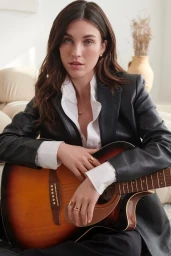 Rainey Qualley holding an acoustic guitar, wearing a black leather blazer over a white shirt, styled with Bulgari jewelry.
