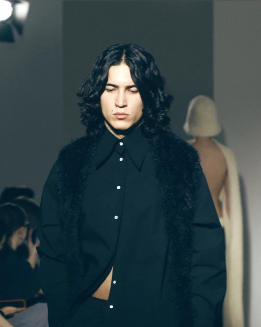 Runway fashion show featuring a model in a black collared shirt and furry black vest, walking with eyes closed and other models in background.