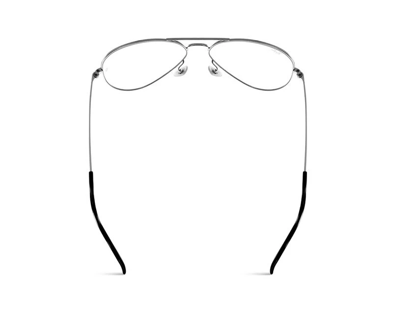 Silver aviator-style glasses with clear lenses on a white background, featuring thin metal frames and black temple tips.