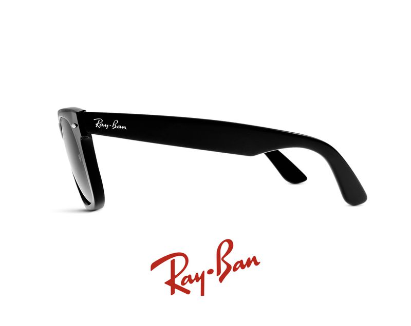 Close-up of black Ray-Ban Wayfarer sunglasses with logo on a white background, showcasing a modern and minimalist aesthetic.