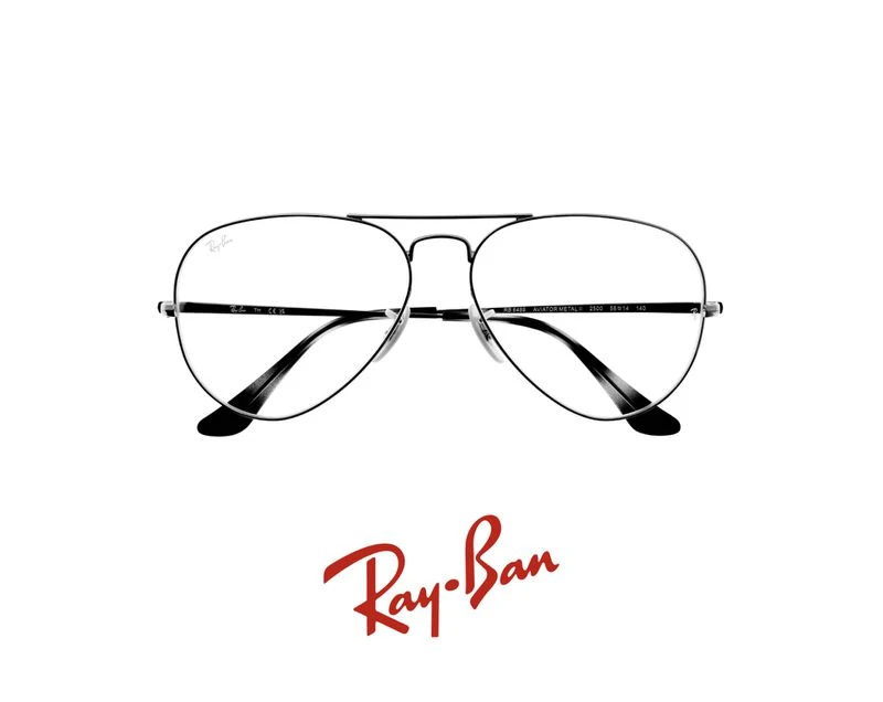 Aviator-style eyeglasses with thin black metal frames and clear lenses are centered on a white background with the Ray-Ban logo.
