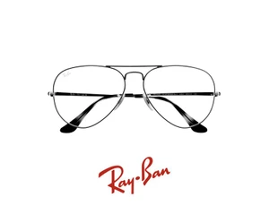 Ray-Ban aviator eyeglasses with thin metal frames and clear lenses centered above the red brand logo on white background