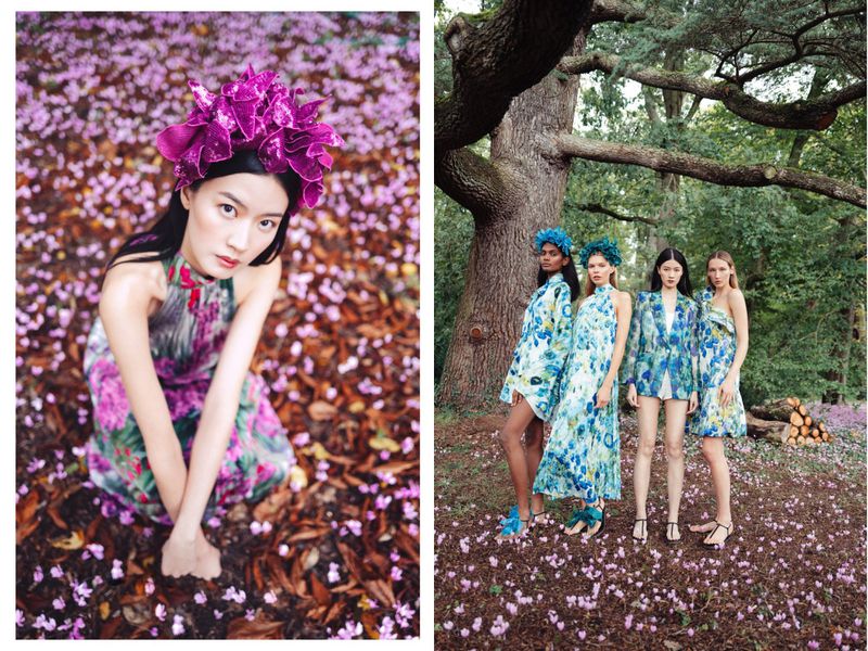 Two scenes: a woman with a floral headpiece in a flower-strewn setting, and four women in floral dresses in a wooded outdoor area.