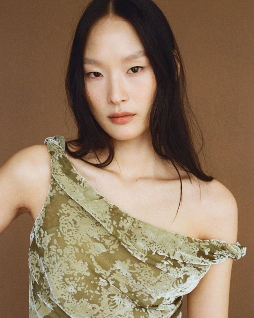 Close-up of a young Asian woman with long dark hair wearing a patterned, one-shoulder olive-green dress against a plain tan background.