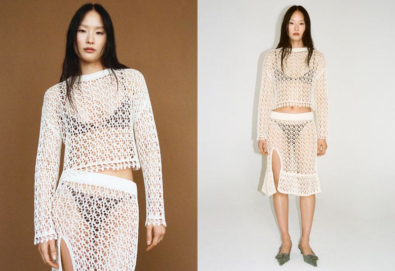 Fashion shot of an Asian woman wearing a knit top and skirt, posing indoors with soft, diffused lighting in a minimalist studio setting.