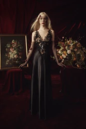 Model in a black lace-trimmed silk gown and sheer gloves posing against a rich dark red draped background with a floral painting
