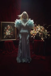 Model standing centrally in a light blue ruffled dress with dramatic shoulders against a dark red draped background