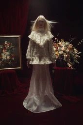 Model with long blonde hair wearing a white ruffled blouse and sheer skirt in a theatrical dark room with floral arrangements.