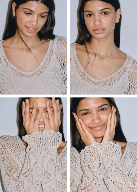 Four-panel portrait of a young woman with long dark hair, wearing a beige knit sweater, smiling and posing against a white background.