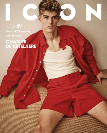 Magazine cover featuring a male fashion model in a red button-down shirt and red shorts, with 'ICON' text displayed.