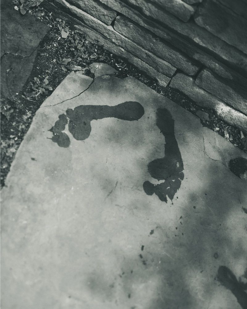 Monochromatic photograph of two sets of bare footprints on concrete, with a partial view of a stone wall and sparse foliage.