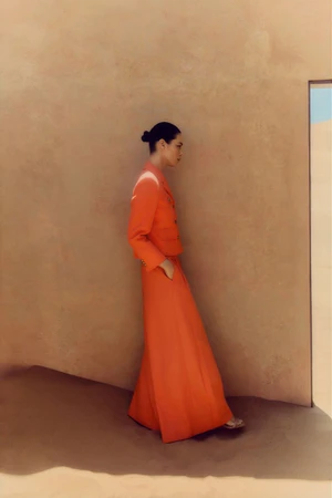 Model wearing a bright orange matching jacket and long skirt leaning against a textured sand-colored wall outdoors.