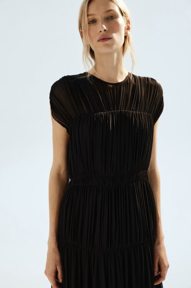 Fashion shot of an adult woman in a black, pleated dress, posing in front of a clean background, with soft, natural light illuminating the scene.