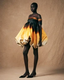 Model Adit Priscilla wearing a sculptural yellow and black ombré balloon dress against a textured beige studio backdrop.