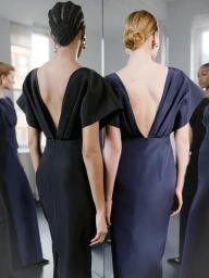 Two models from behind wearing dark V-neck evening gowns reflected in a mirror by Alexander Saladrigas for Carolina Herrera.