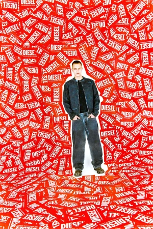 A full-length shot of a man wearing a jacket and jeans, standing against a backdrop densely covered with 'Diesel' logo signs.