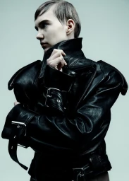 Model Ilya Vermeulen wearing an oversized black leather biker jacket with silver buckles against a light grey seamless backdrop.