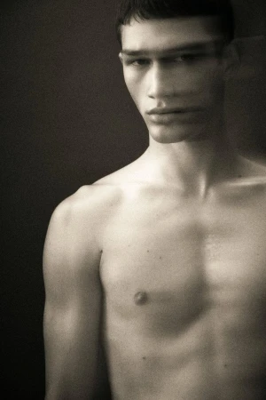 Striking studio portrait of a shirtless adult male model with sharp features, showcasing dramatic lighting and monochromatic sepia tones.