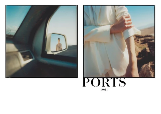 Fashion shot featuring a woman reflected in a car mirror, along with a close-up of a white jacket against a neutral outdoor background.
