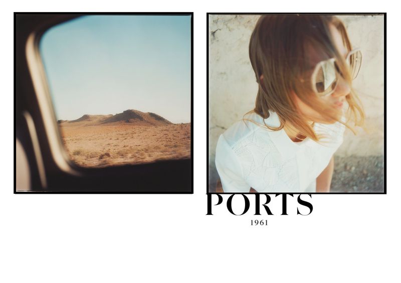 Fashion editorial featuring a woman in sunglasses and a view of a desert landscape seen through a car window. Brand logo visible.