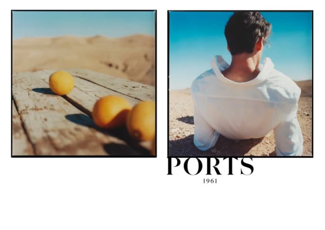 Fashion layout featuring an adult from behind in a white shirt, contrasted with a still life of oranges on weathered wood outdoors.