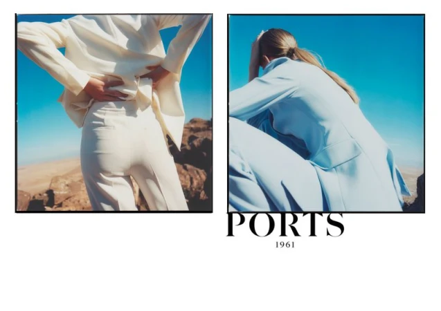 Fashion editorial featuring a woman in a light blue pantsuit sitting against a clear blue sky and desert backdrop, contrasted with another model.