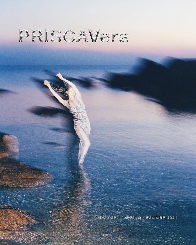 Fashion magazine cover with woman in water. Ocean backdrop and “PRISCAVera” text. Soft, dreamy editorial feel. Shot at eye level, medium framing.