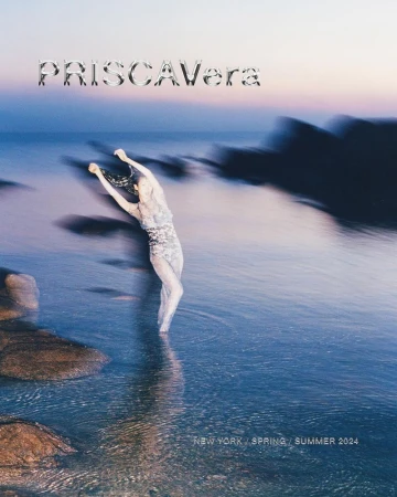 Fashion magazine cover with woman in water. Ocean backdrop and “PRISCAVera” text. Soft, dreamy editorial feel. Shot at eye level, medium framing.